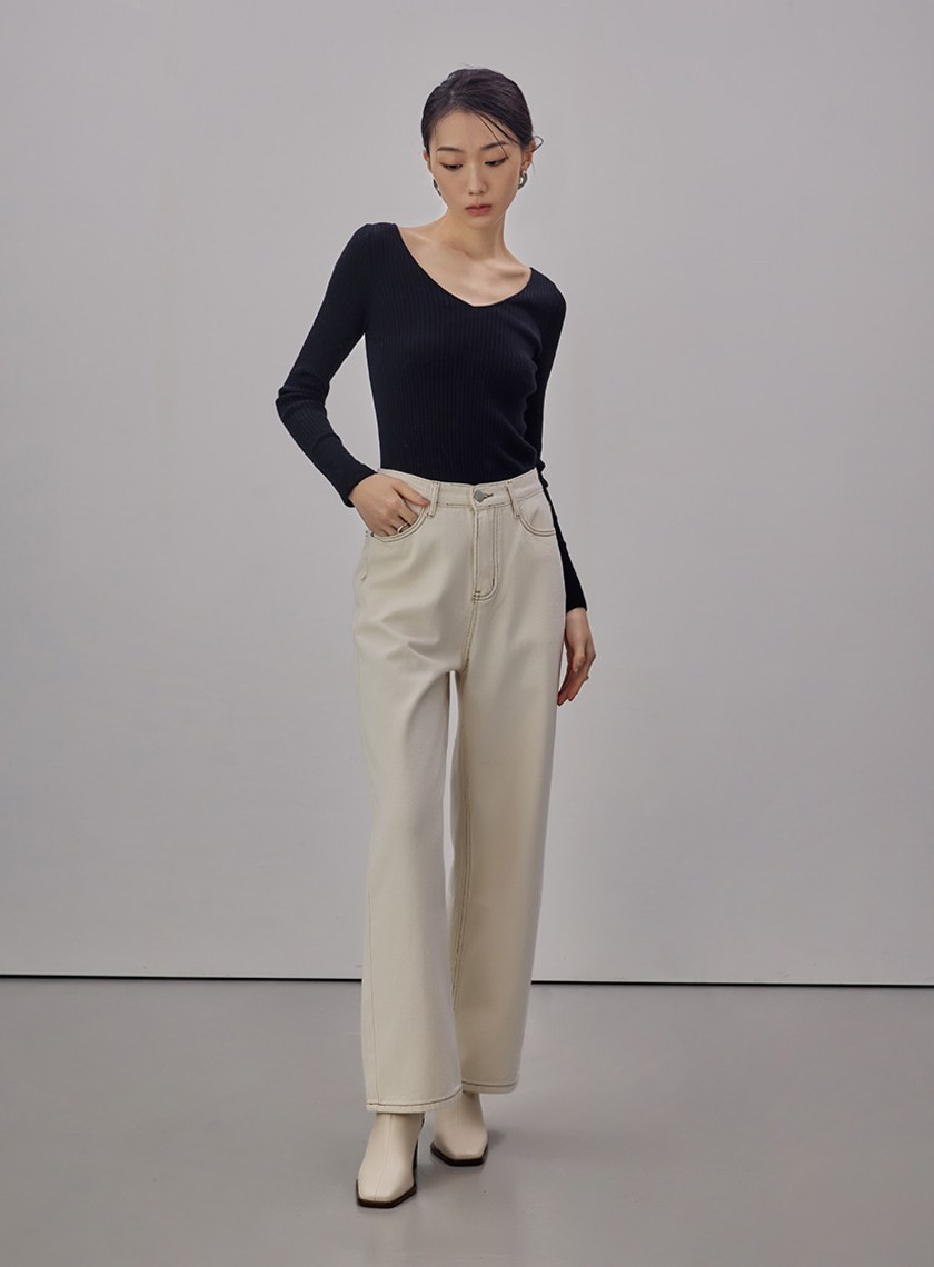 V領長袖羊毛針織上衣